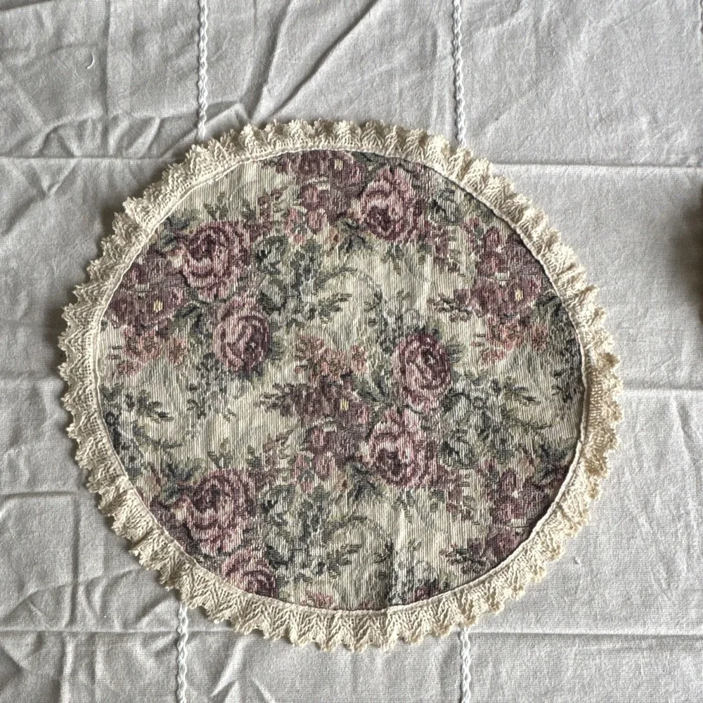 Set of 3 Round Floral Fabric Placemats, Pink/Beige/Green Lace Trim 10-15in